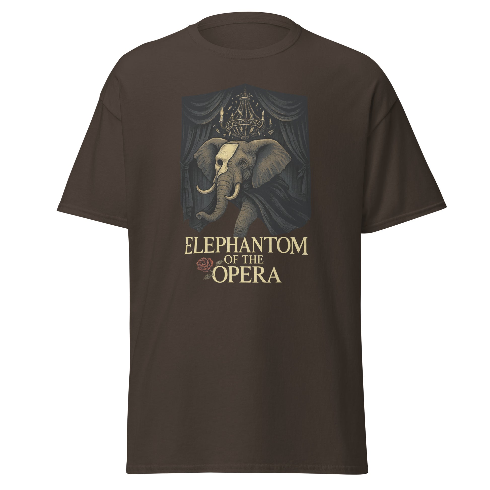 Brown t-shirt with 'elephantom of the opera' design featuring an elephant and theater curtain on a white background.