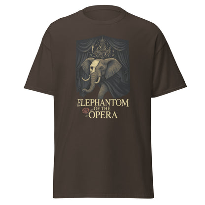 Brown t-shirt with 'elephantom of the opera' design featuring an elephant and theater curtain on a white background.