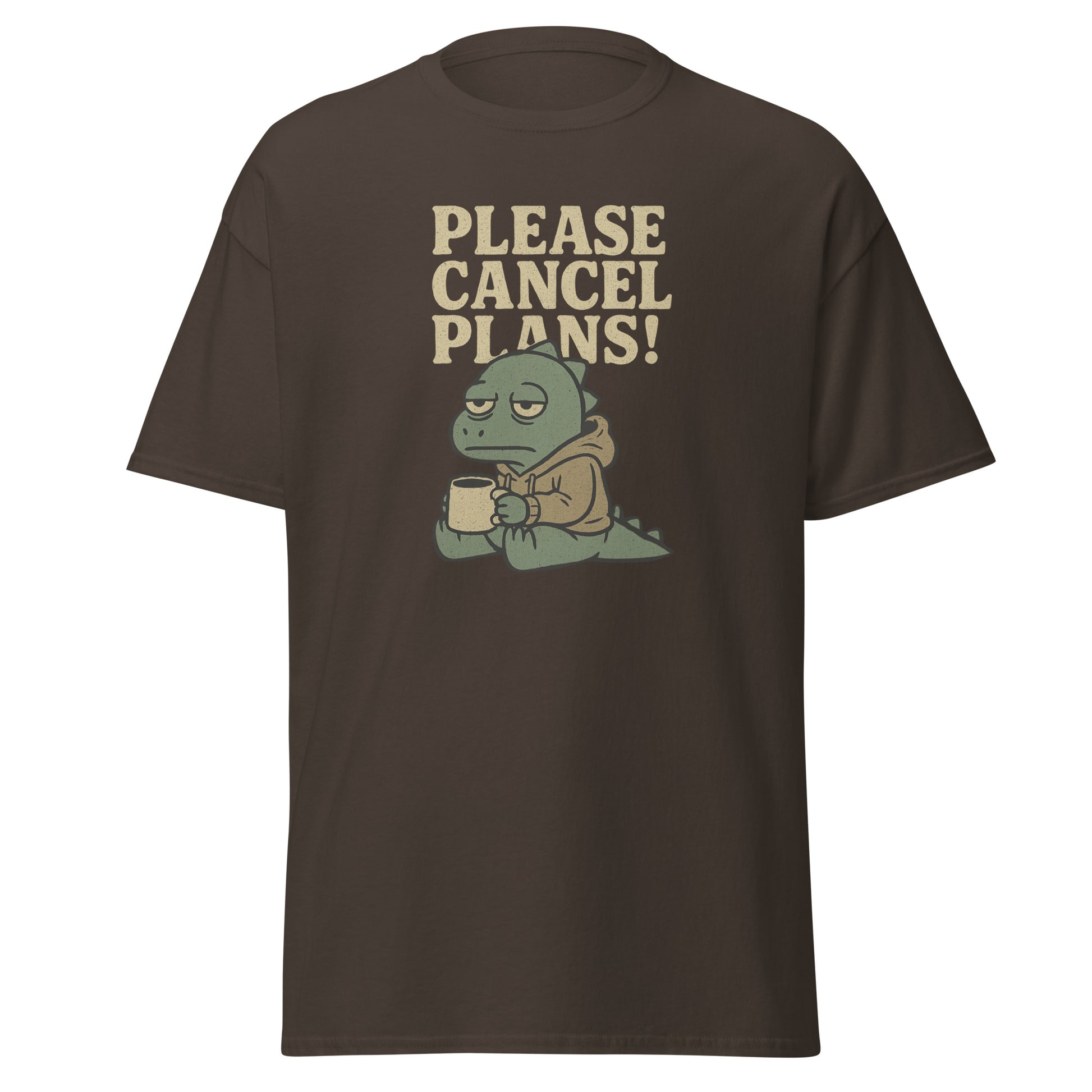 Brown t-shirt with a graphic of a frog holding a coffee cup and text 'Please Cancel Plans!' on a white background.