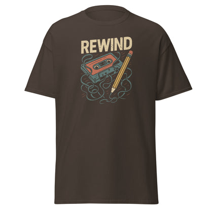 Brown t-shirt with 'REWIND' graphic design featuring a cassette tape and pencil on a white background
