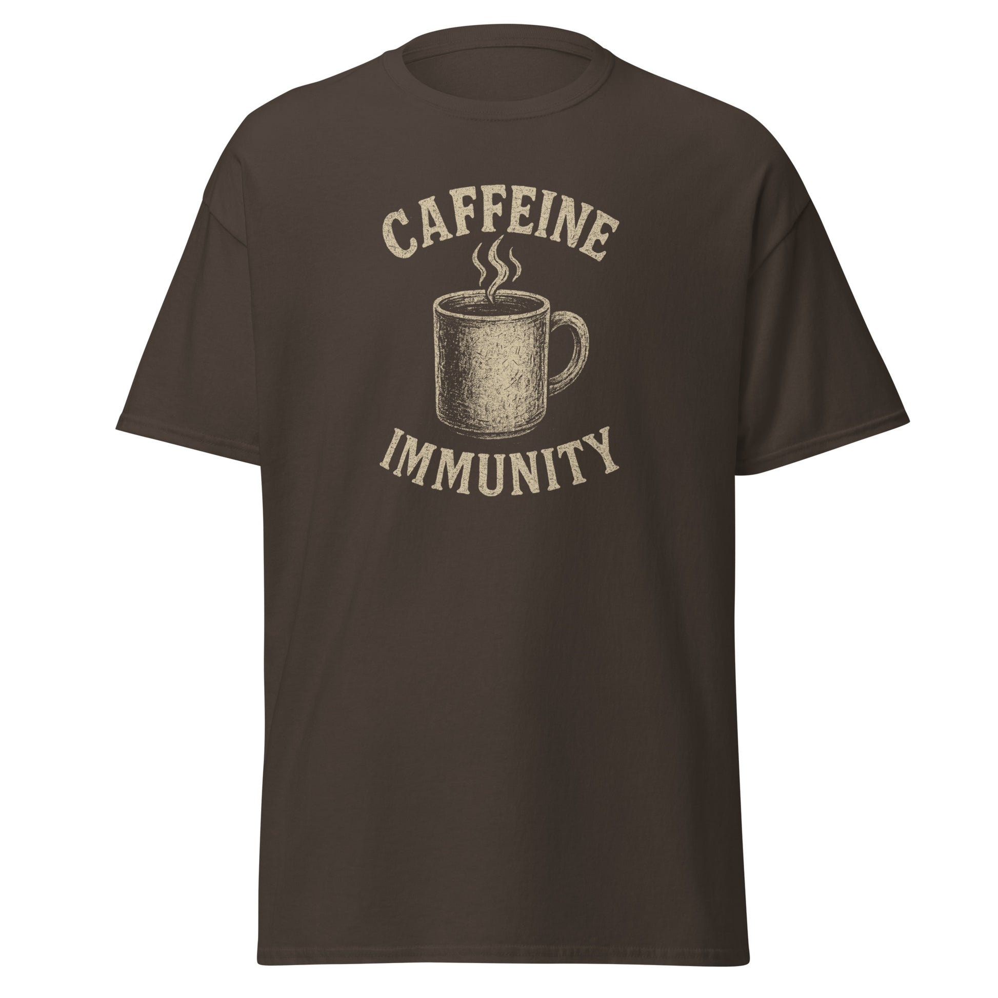 Brown t-shirt with a graphic of a coffee cup and text 'CAFFEINE IMMUNITY' on a white background