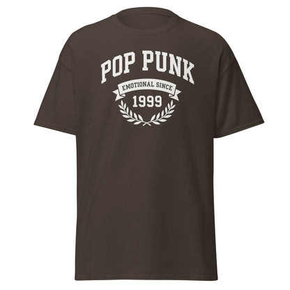 Brown t-shirt with 'Pop Punk Emotional Since 1999' text on a white background