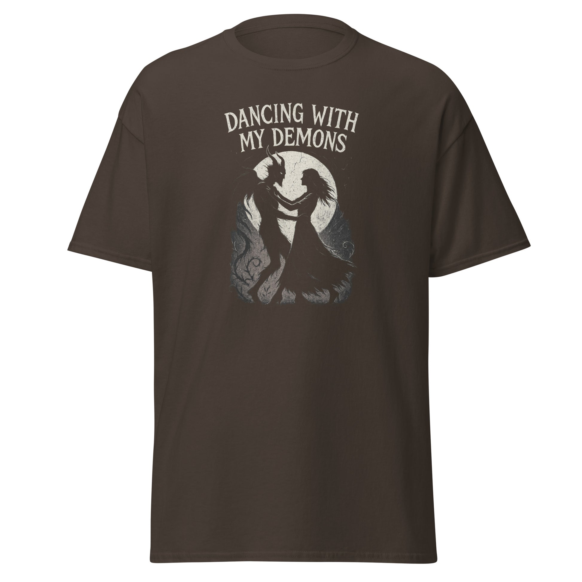 Brown t-shirt with 'Dancing with My Demons' graphic and text on a white background