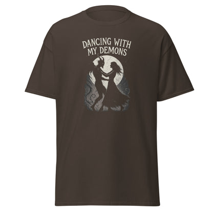Brown t-shirt with 'Dancing with My Demons' graphic and text on a white background