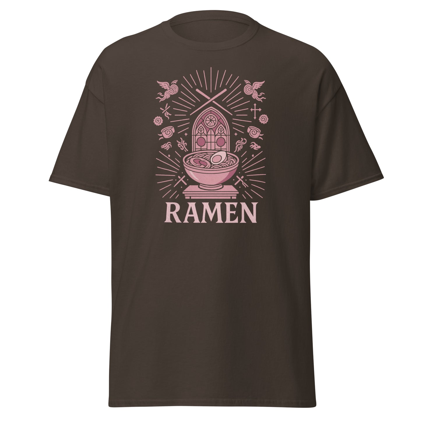 Brown t-shirt with pink 'RAMEN' graphic design on a white background