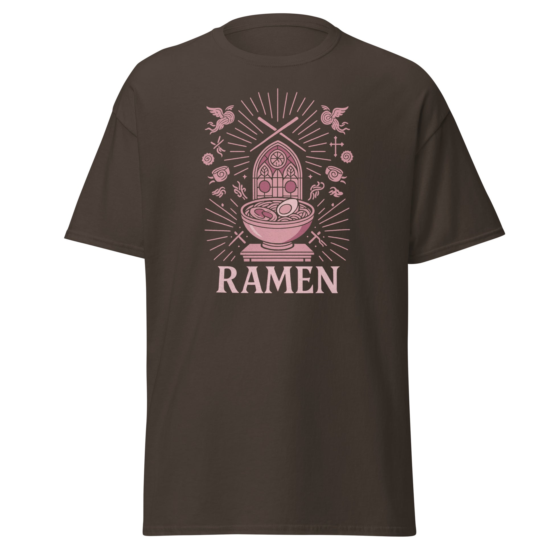 Brown t-shirt with pink 'RAMEN' graphic design on a white background