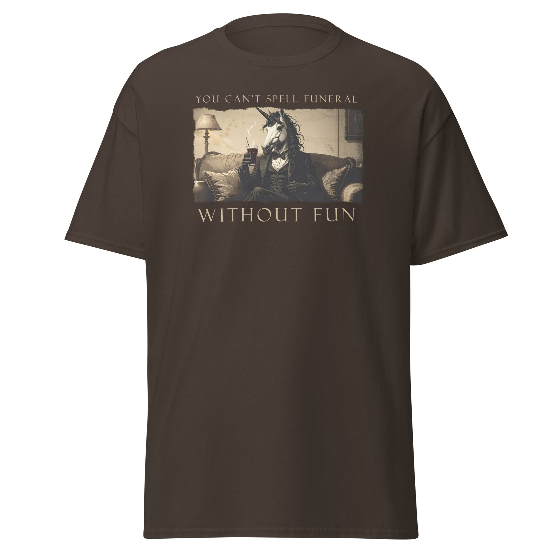 Brown t-shirt with graphic design and text on a white background