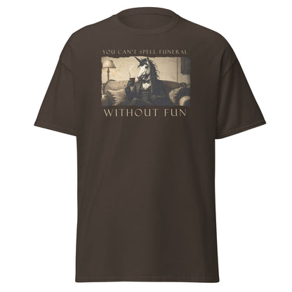 Brown t-shirt with graphic design and text on a white background