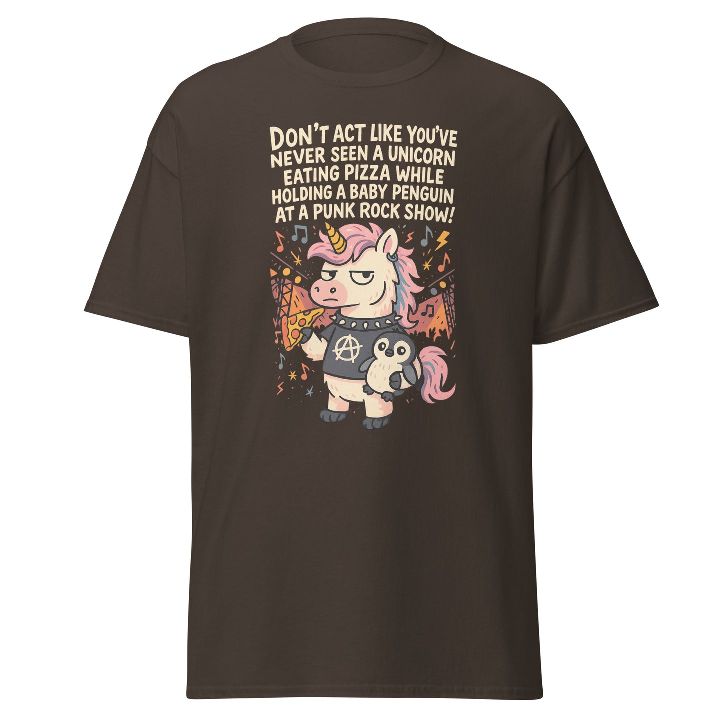 Brown t-shirt with a unicorn and penguin graphic and text on a white background