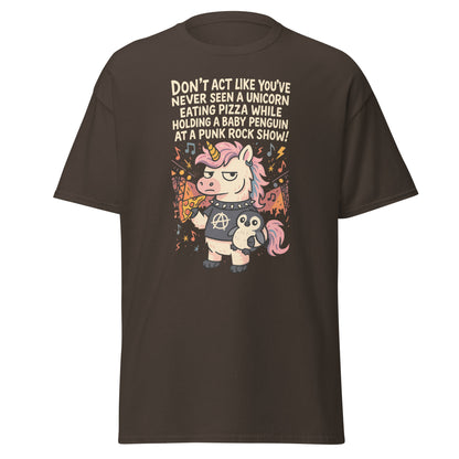 Brown t-shirt with a unicorn and penguin graphic and text on a white background