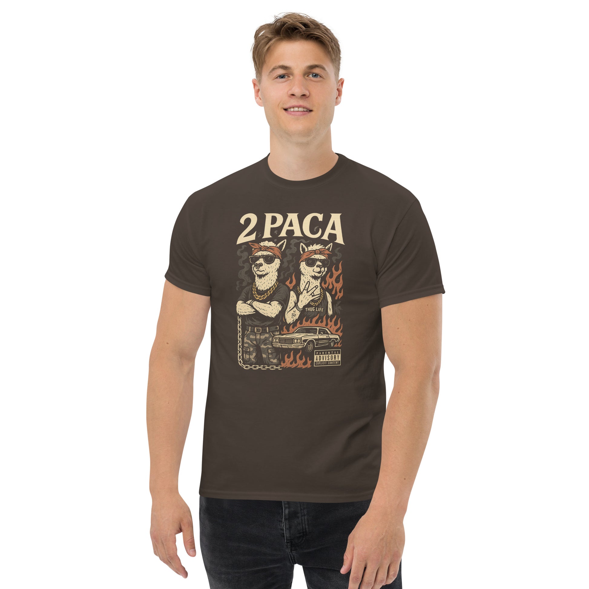 Man wearing a brown t-shirt with '2PACA' graphic design on a white background