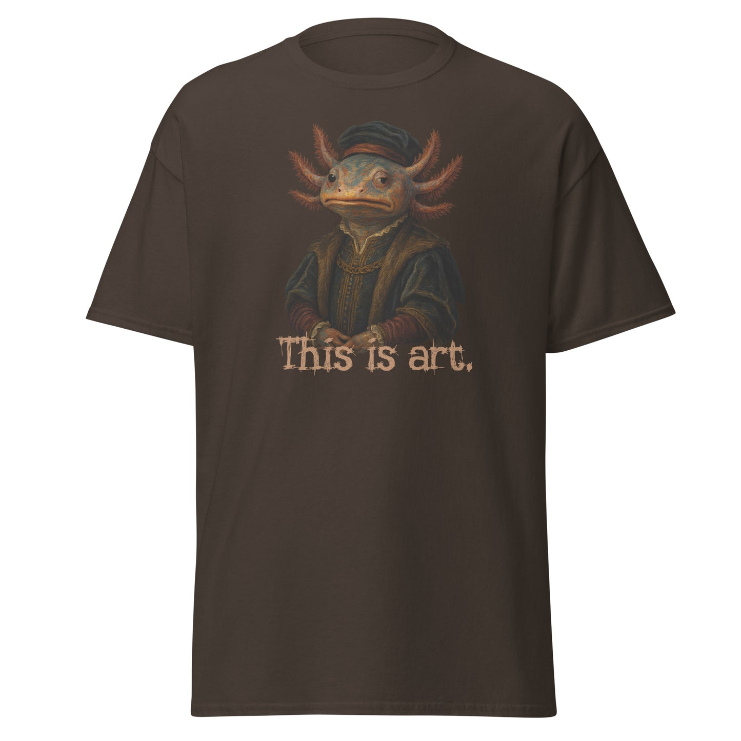 Brown t-shirt with a graphic of a creature and 'This is art.' text on a white background