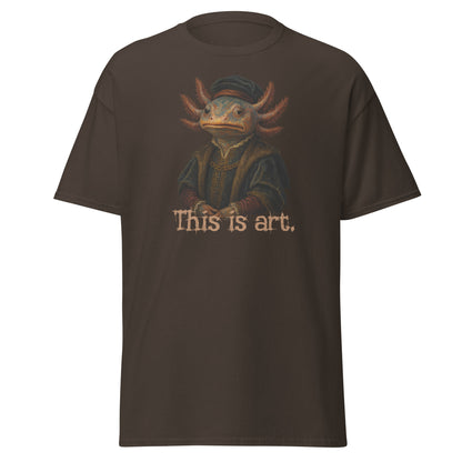 Brown t-shirt with a graphic of a creature and 'This is art.' text on a white background