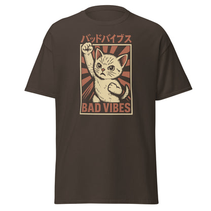 Brown t-shirt with a graphic of a cat and 'Bad Vibes' text on a white background