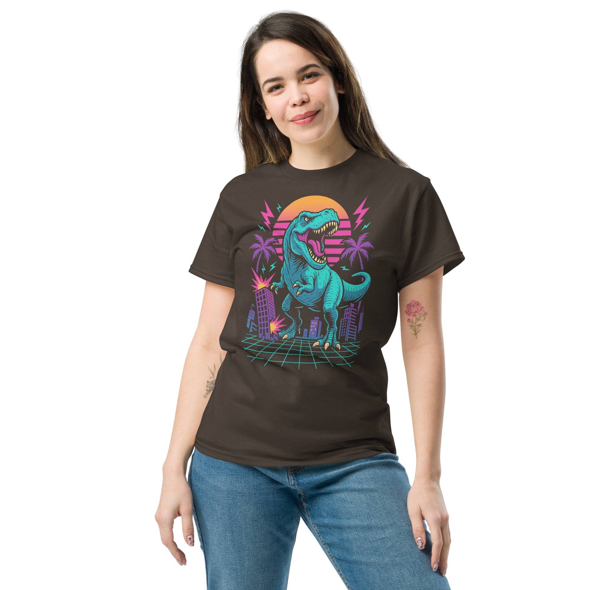 Woman wearing a brown t-shirt with a dinosaur graphic design on a white background