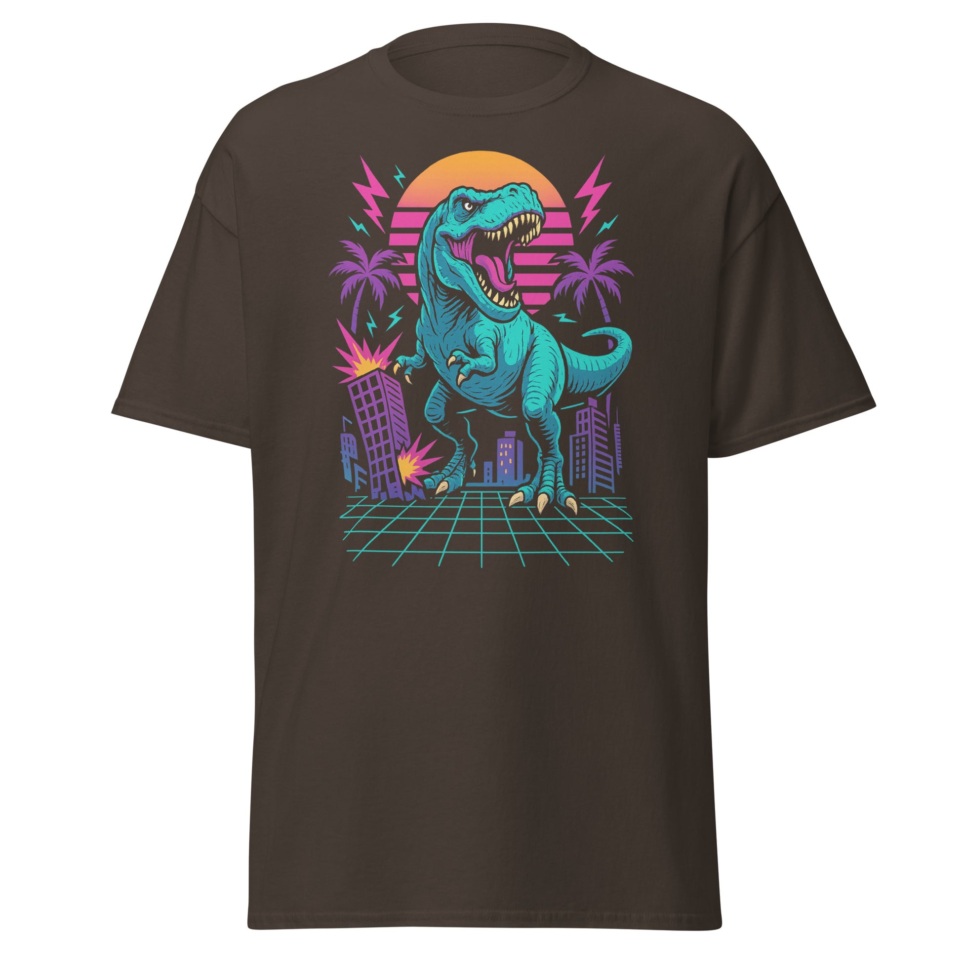 Brown t-shirt with a dinosaur graphic design on a white background