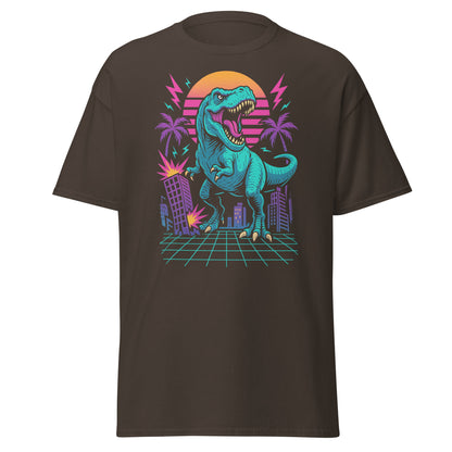 Brown t-shirt with a dinosaur graphic design on a white background