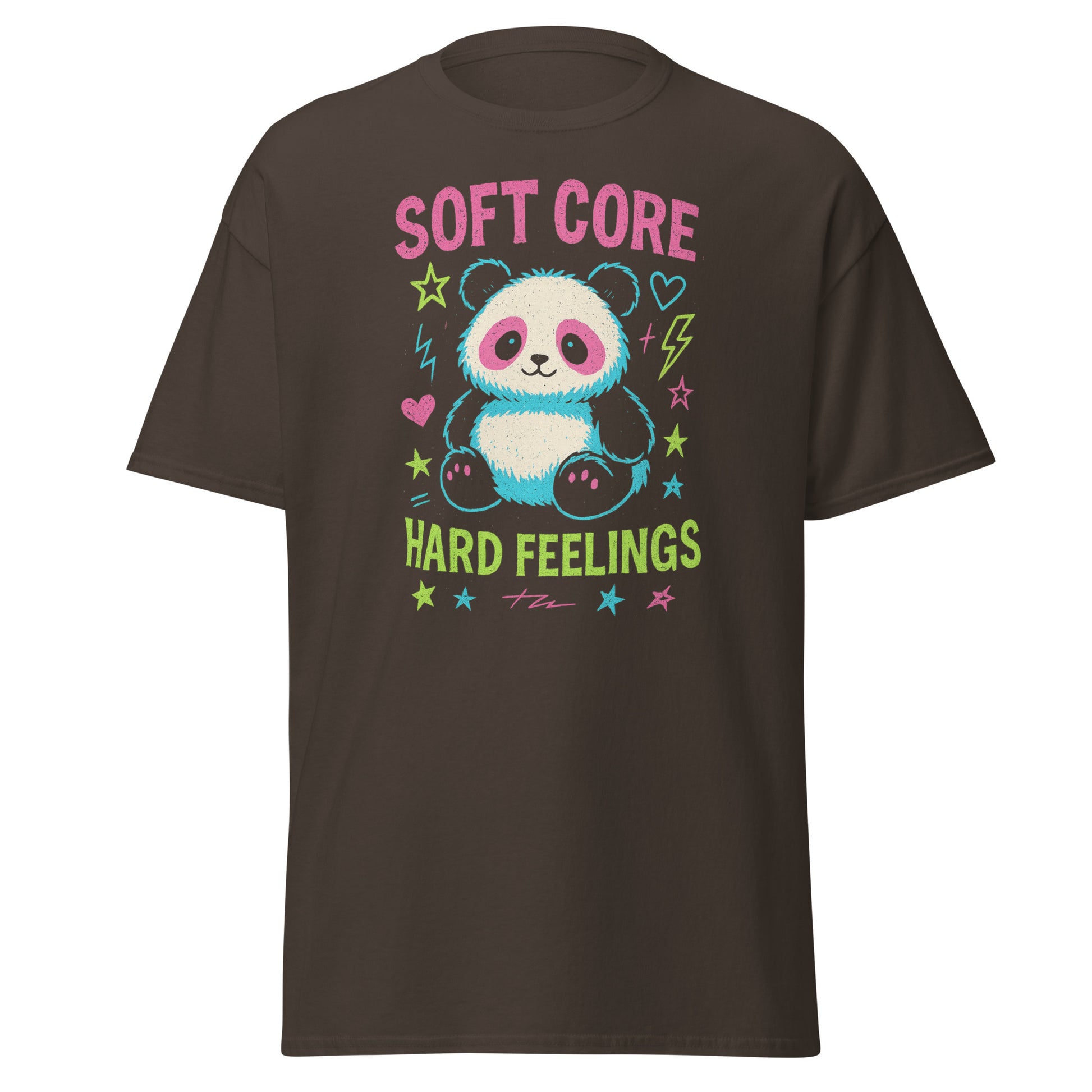 Brown t-shirt with a panda graphic and text 'Soft Core Hard Feelings' on a white background