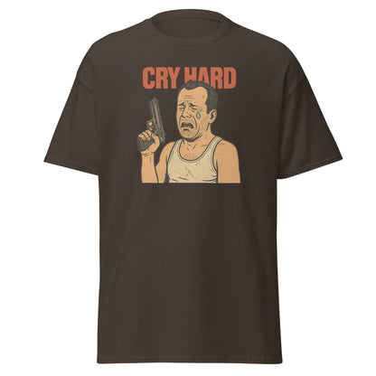 Brown t-shirt with graphic of a man holding a gun and text 'Cry Hard' on a white background