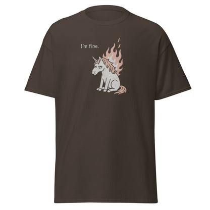 Brown t-shirt with a unicorn graphic and 'I'm fine.' text on a white background