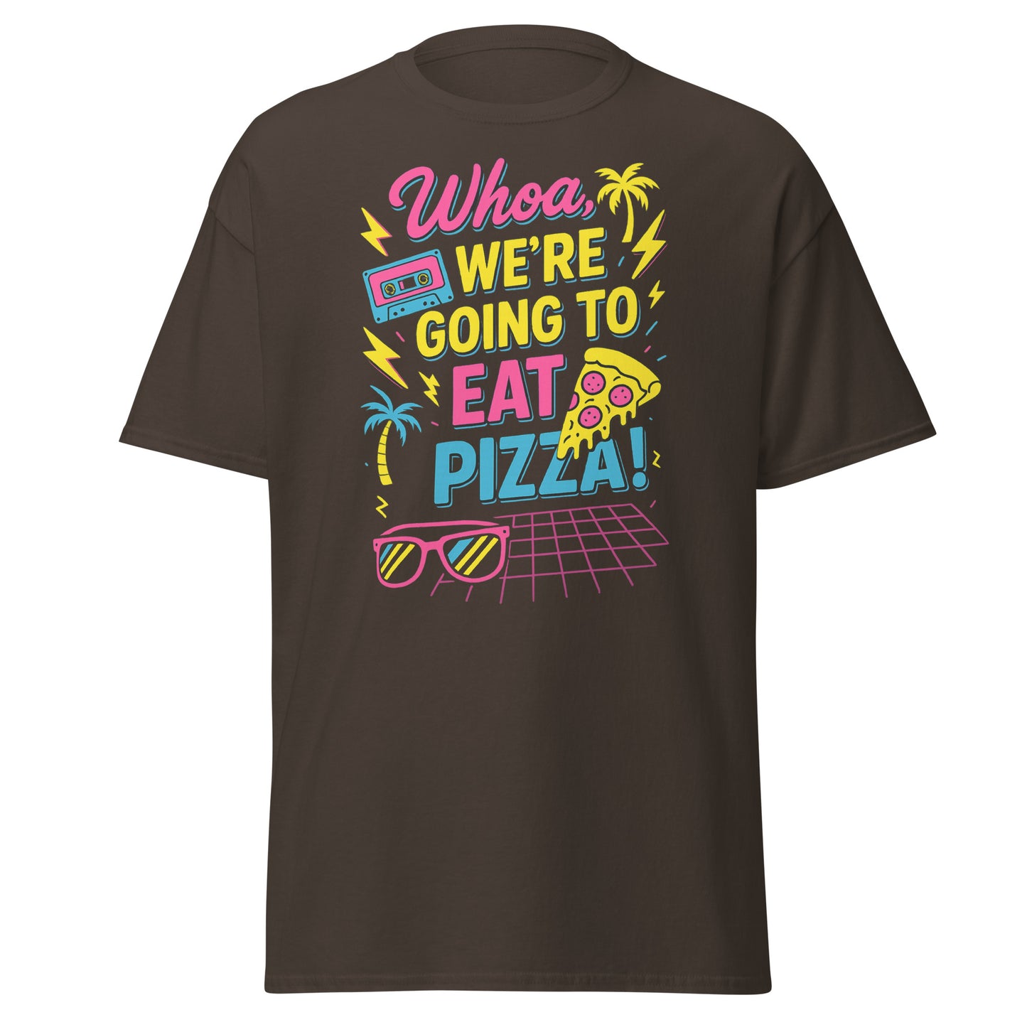 Brown t-shirt with colorful graphic and text 'Whoa, We're Going to Eat Pizza!' on a white background
