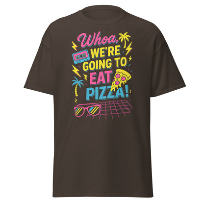 Brown t-shirt with colorful graphic and text 'Whoa, We're Going to Eat Pizza!' on a white background