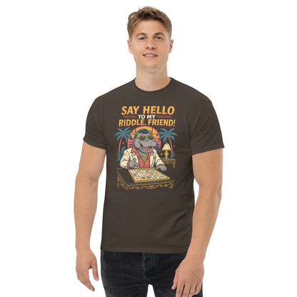 man wearing brown shirt with hippo playing a game and text "Say hello to my riddle, friend!"