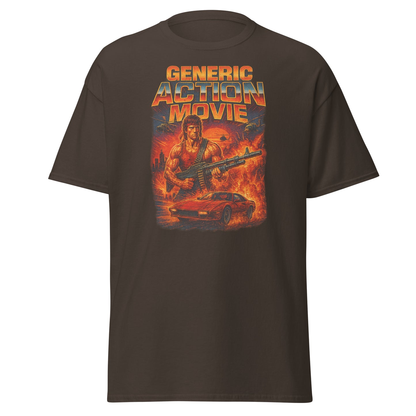 Brown t-shirt with 'Generic Action Movie' graphic design featuring a character with a gun and car on a white background.
