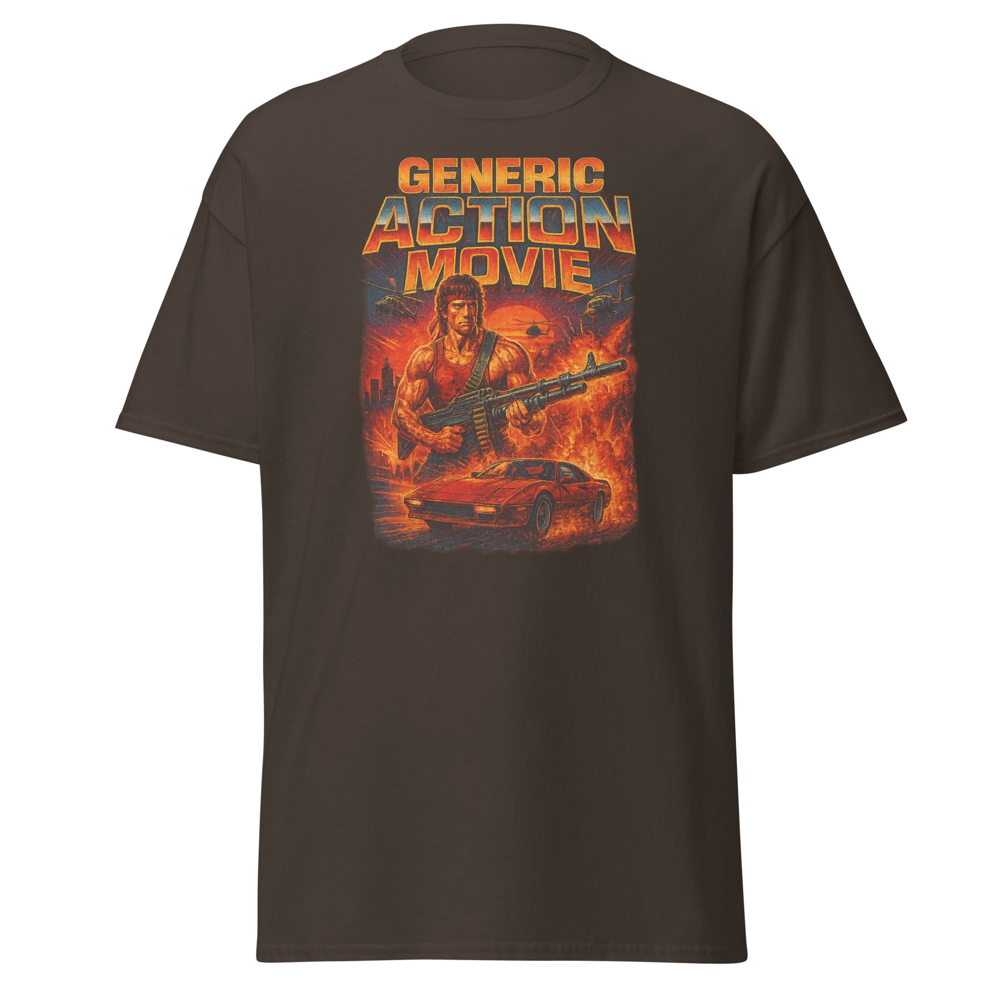 Brown t-shirt with 'Generic Action Movie' graphic design featuring a character with a gun and car on a white background.