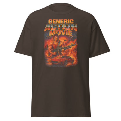 Brown t-shirt with 'Generic Action Movie' graphic design featuring a character with a gun and car on a white background.