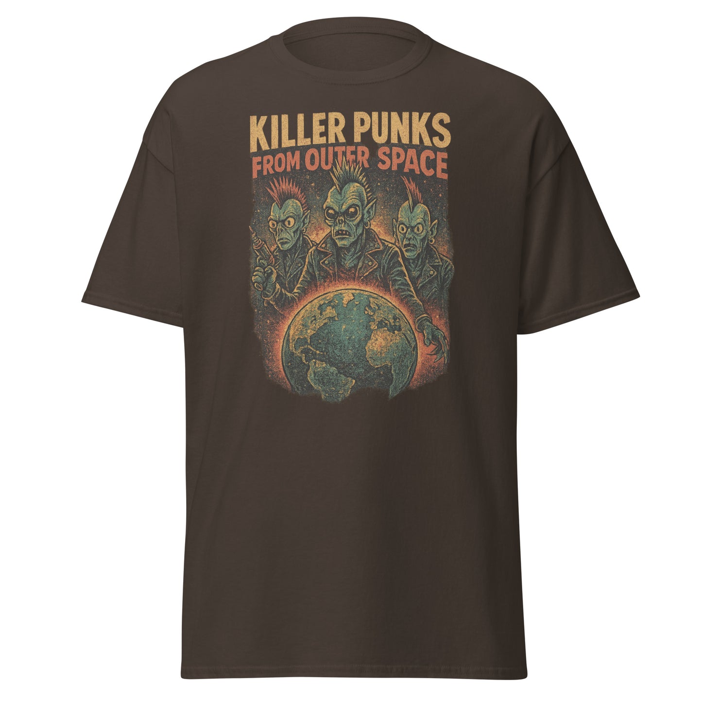 Brown t-shirt with graphic design of aliens and text 'Killer Punks from Outer Space' on a white background