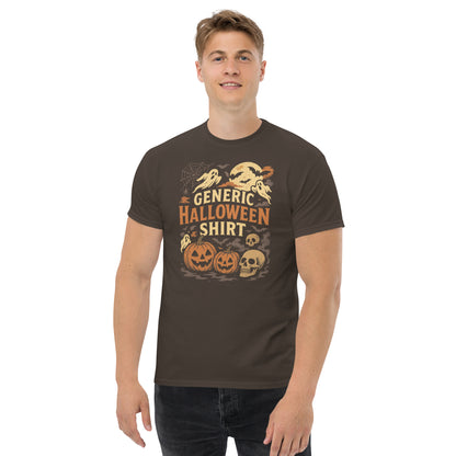 Man wearing a brown 'Generic Halloween Shirt' with pumpkins and skulls on a white background