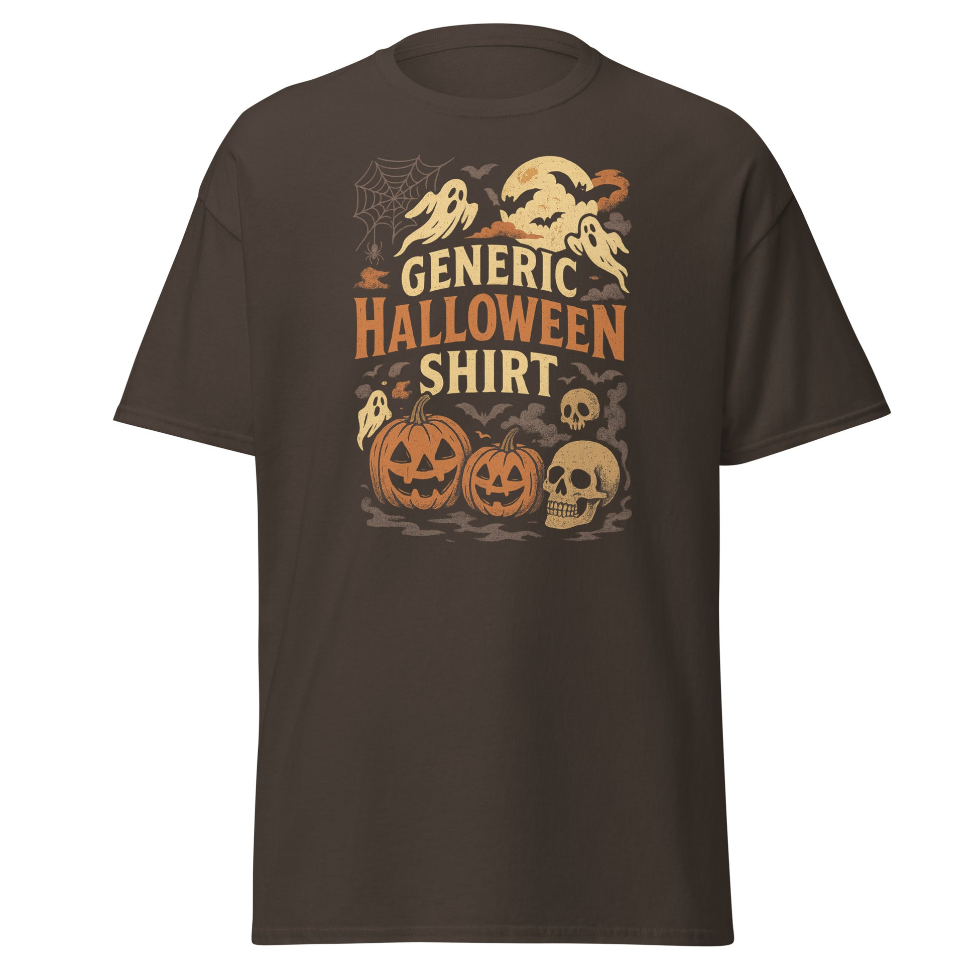Brown t-shirt with Halloween-themed graphics and text on a white background