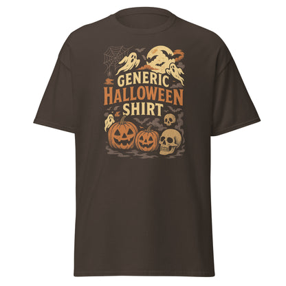 Brown t-shirt with Halloween-themed graphics and text on a white background