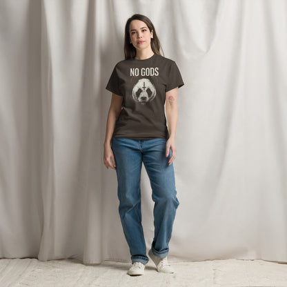 Person wearing a t-shirt with 'NO GODS' text and graphic, standing against a plain background