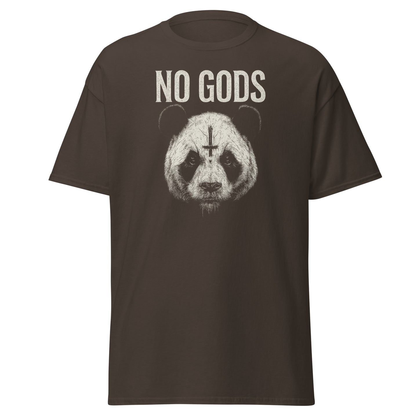 Brown t-shirt with a panda graphic and 'NO GODS' text on a white background