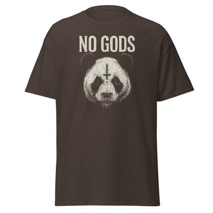 Brown t-shirt with a panda graphic and 'NO GODS' text on a white background
