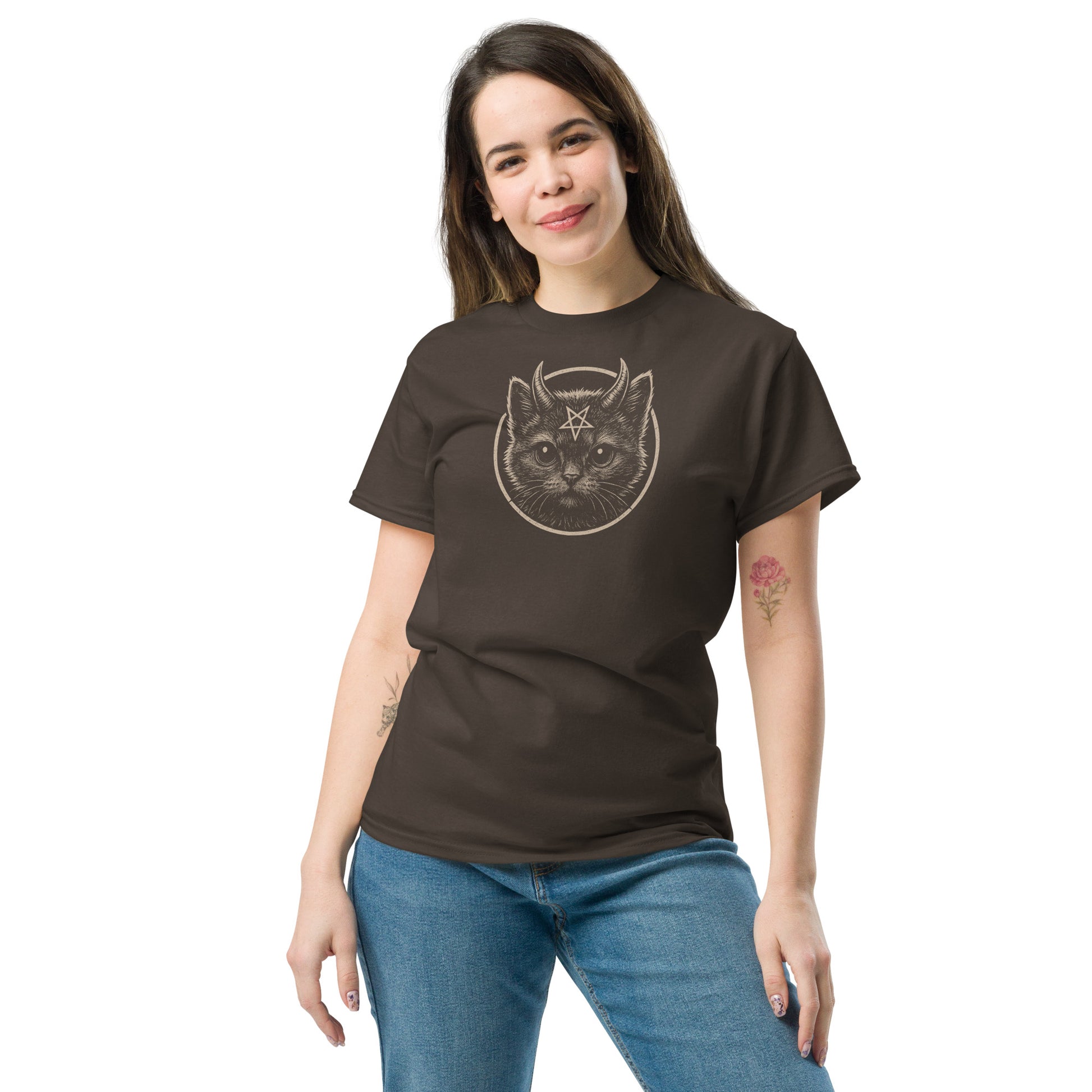 Woman wearing a brown t-shirt with a cat graphic design on a white background
