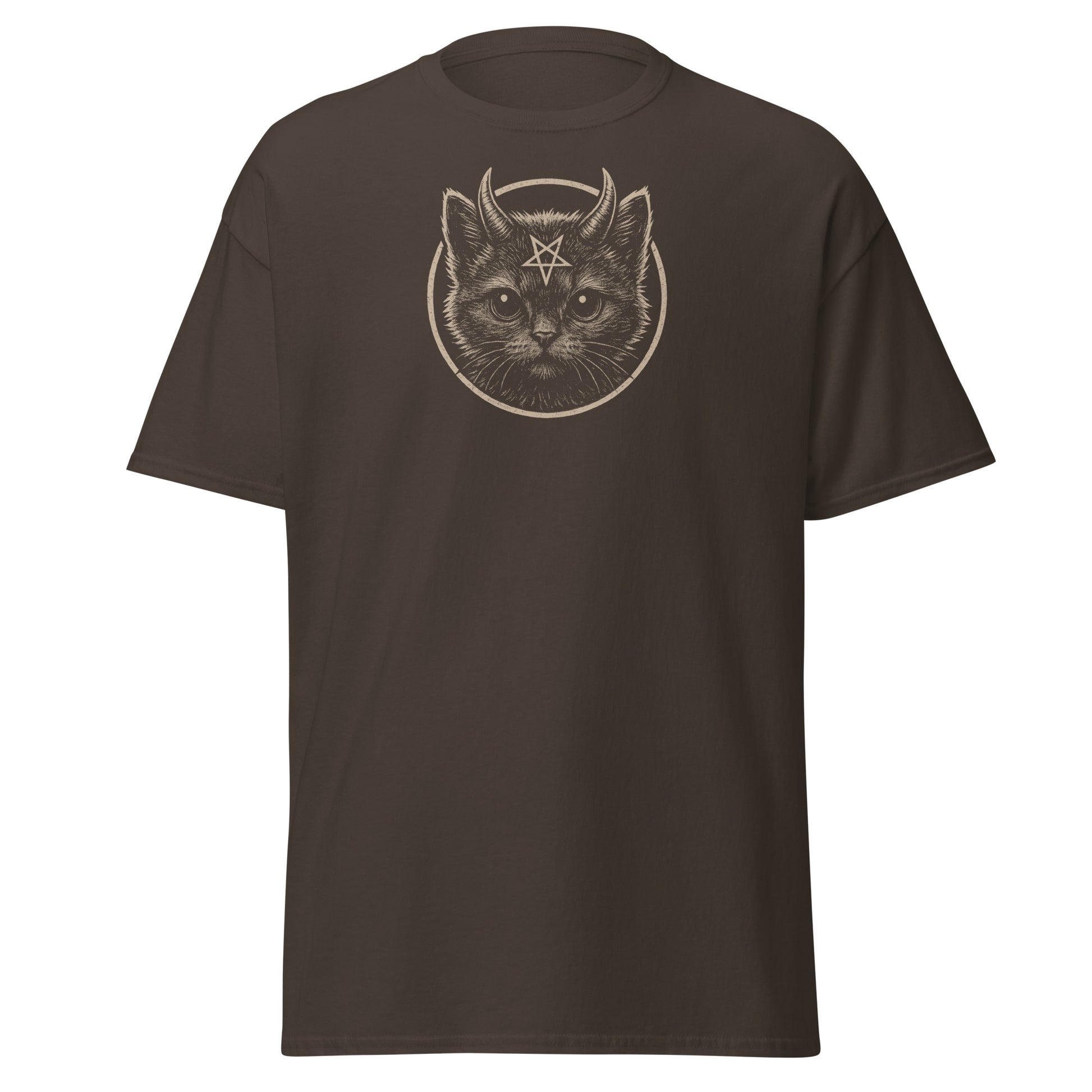 Brown t-shirt with a graphic of a cat with horns and a star on a white background