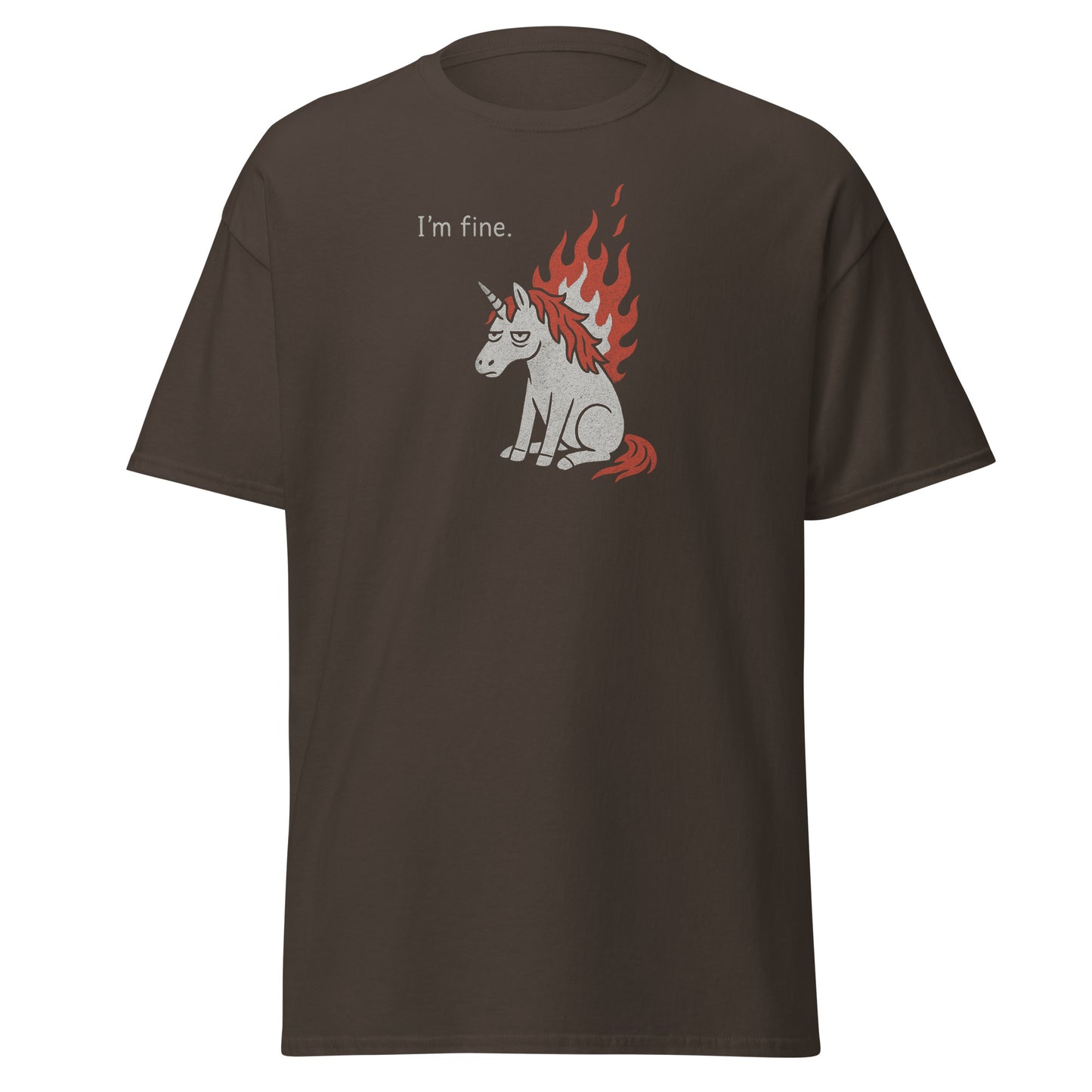 Brown t-shirt with a unicorn graphic and 'I'm fine.' text on a white background