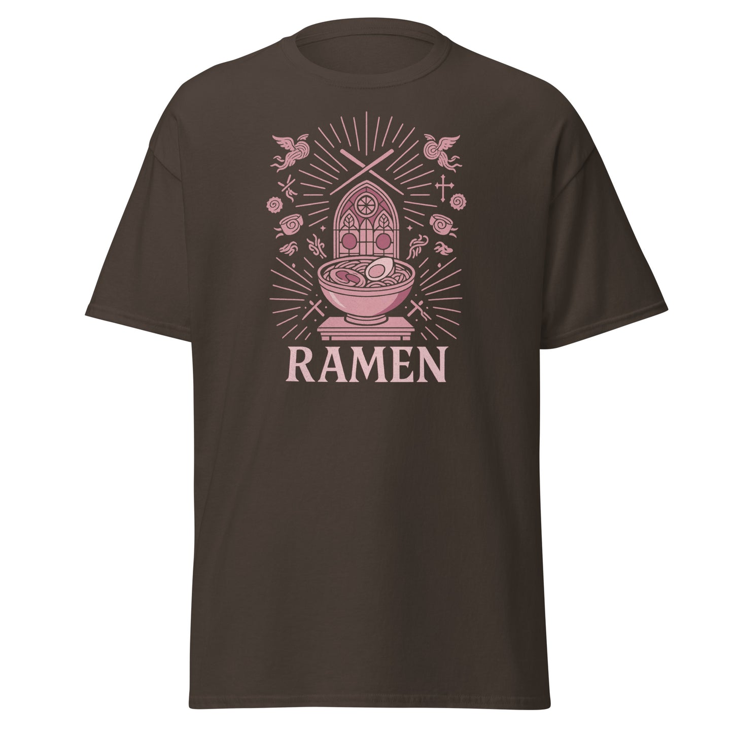 Brown t-shirt with pink ramen graphic and 'RAMEN' text on a white background