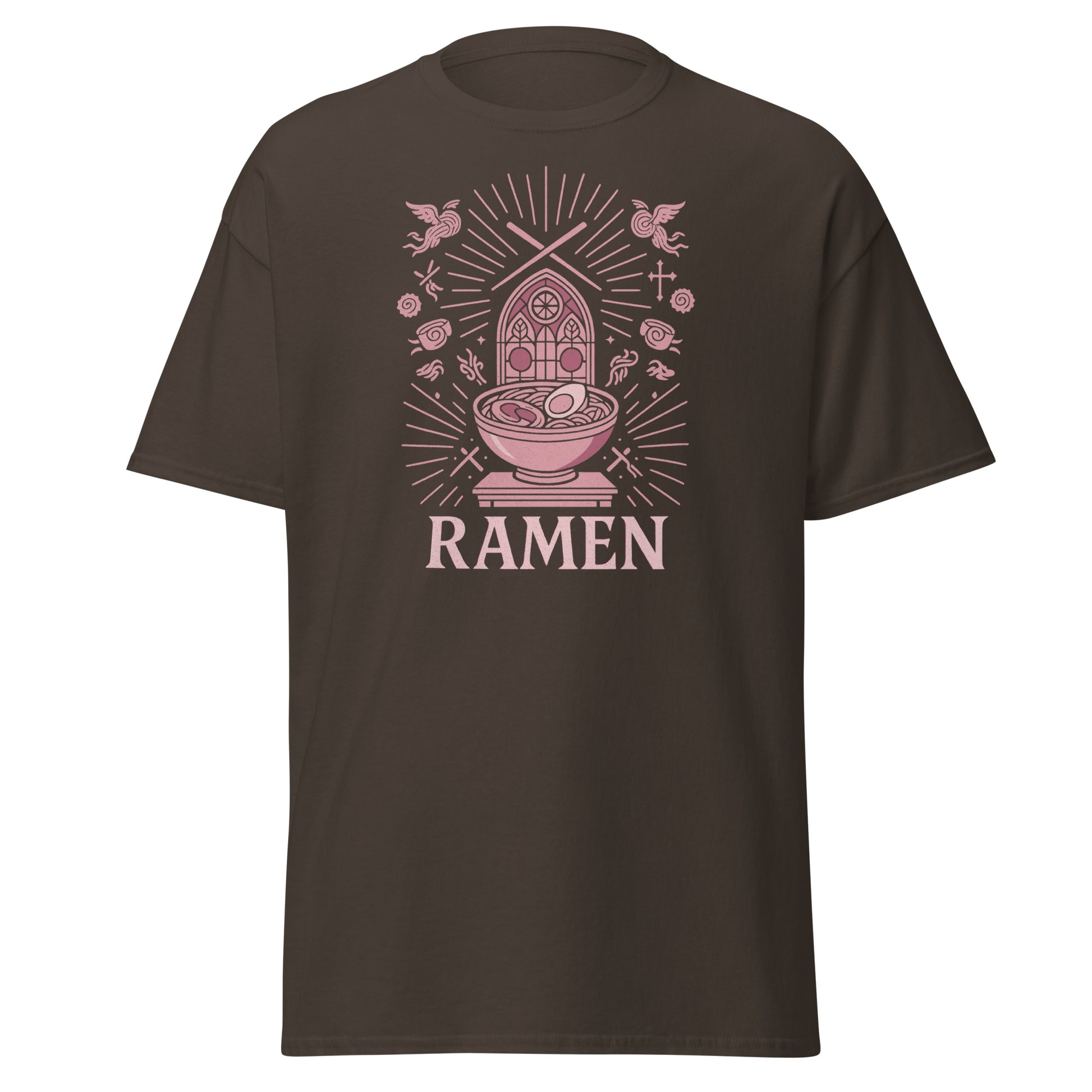 Brown t-shirt with pink ramen graphic and 'RAMEN' text on a white background