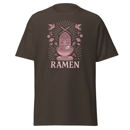 Brown t-shirt with pink ramen graphic and 'RAMEN' text on a white background
