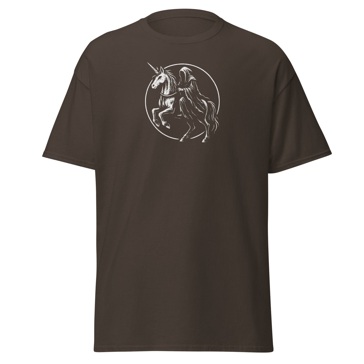 Brown t-shirt with a graphic of a knight on a unicorn in a circle design.