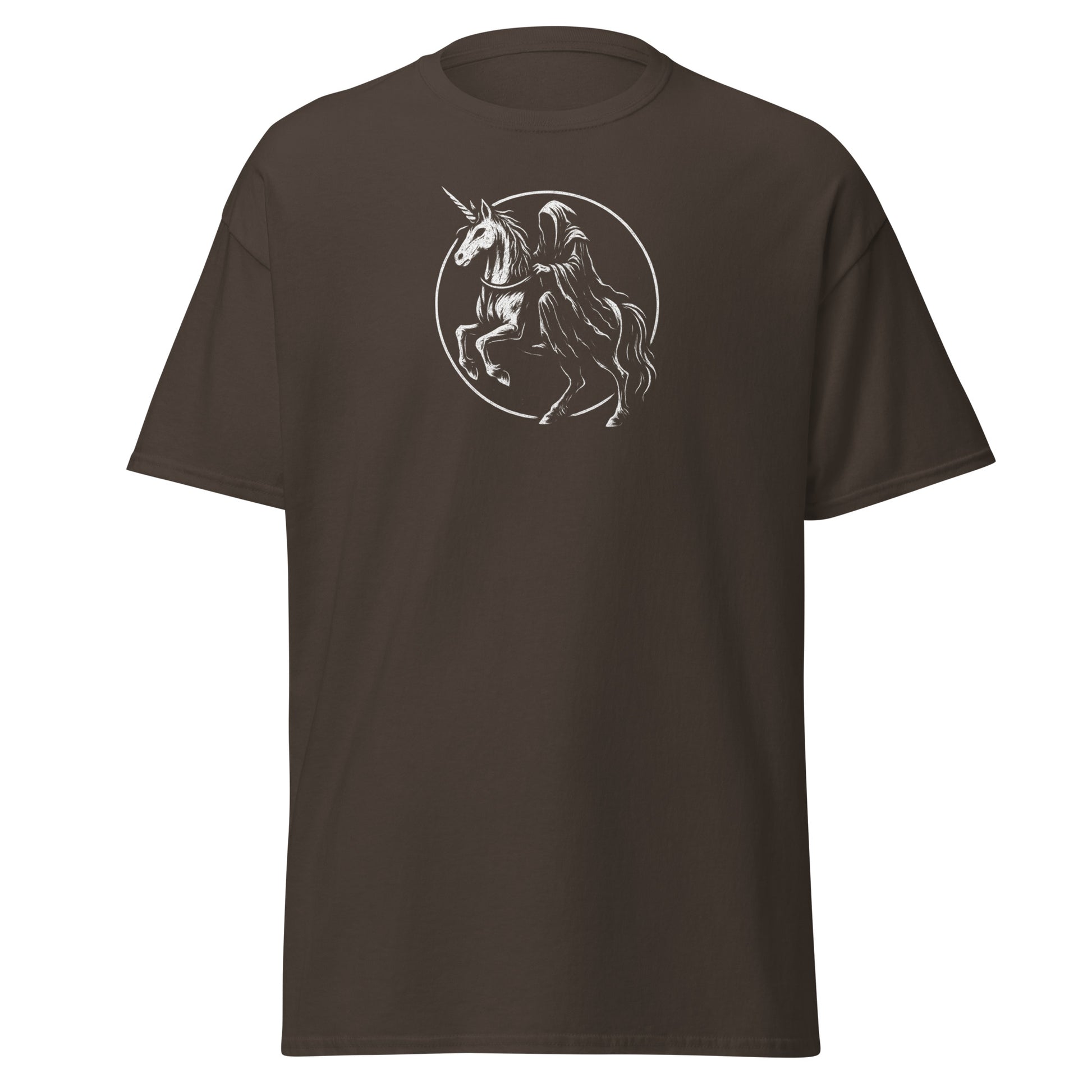 Brown t-shirt with a graphic of a knight on a unicorn in a circle design.