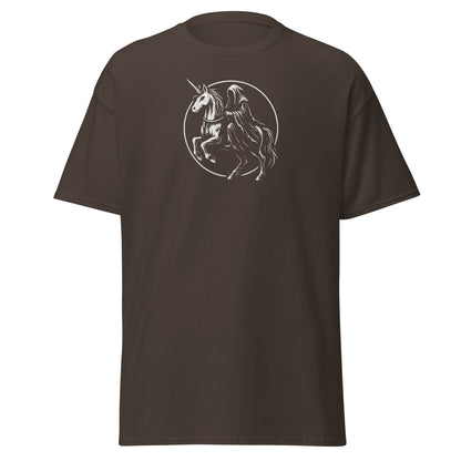 Brown t-shirt with a graphic of a knight on a unicorn in a circle design.