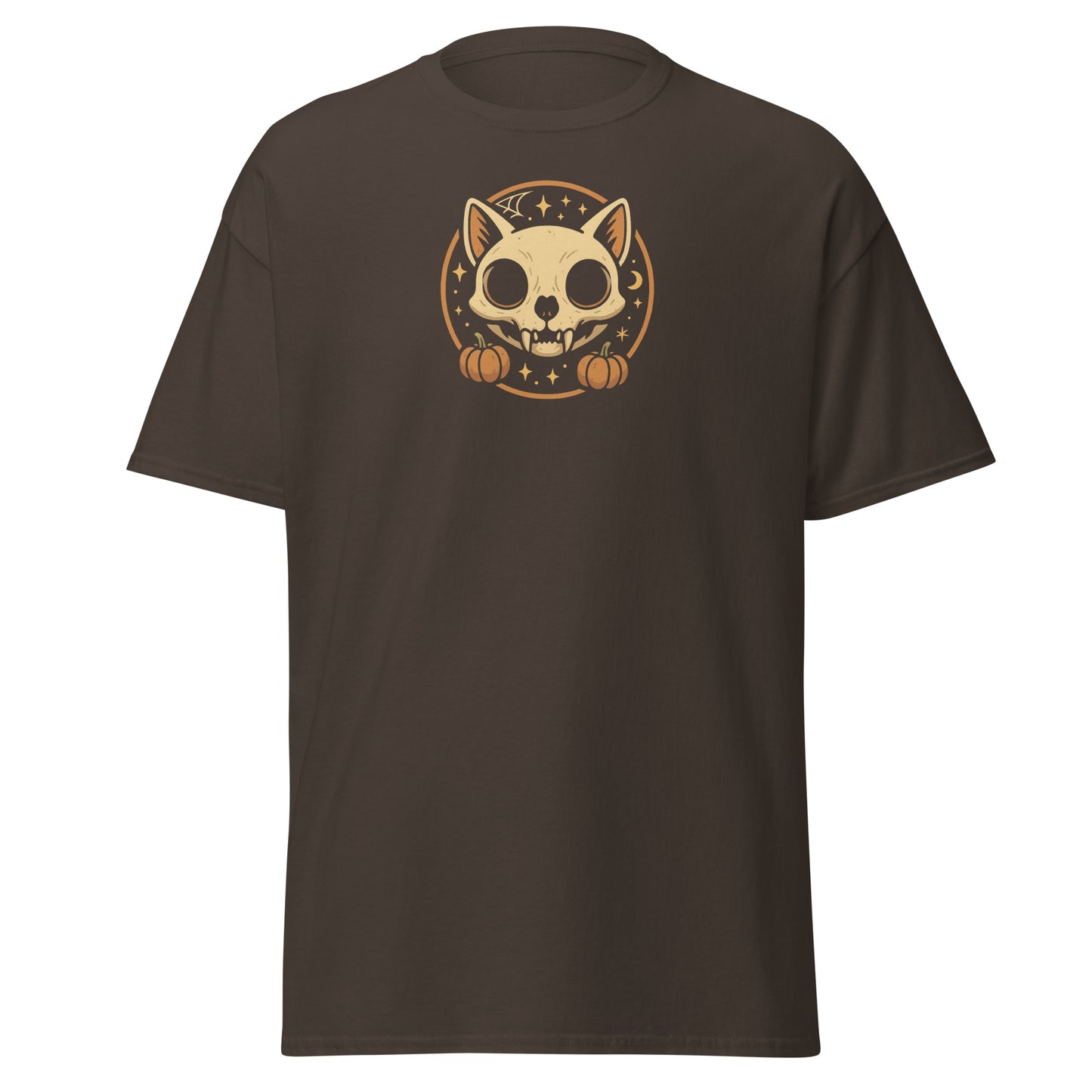 Brown t-shirt with a cat skull graphic on a white background