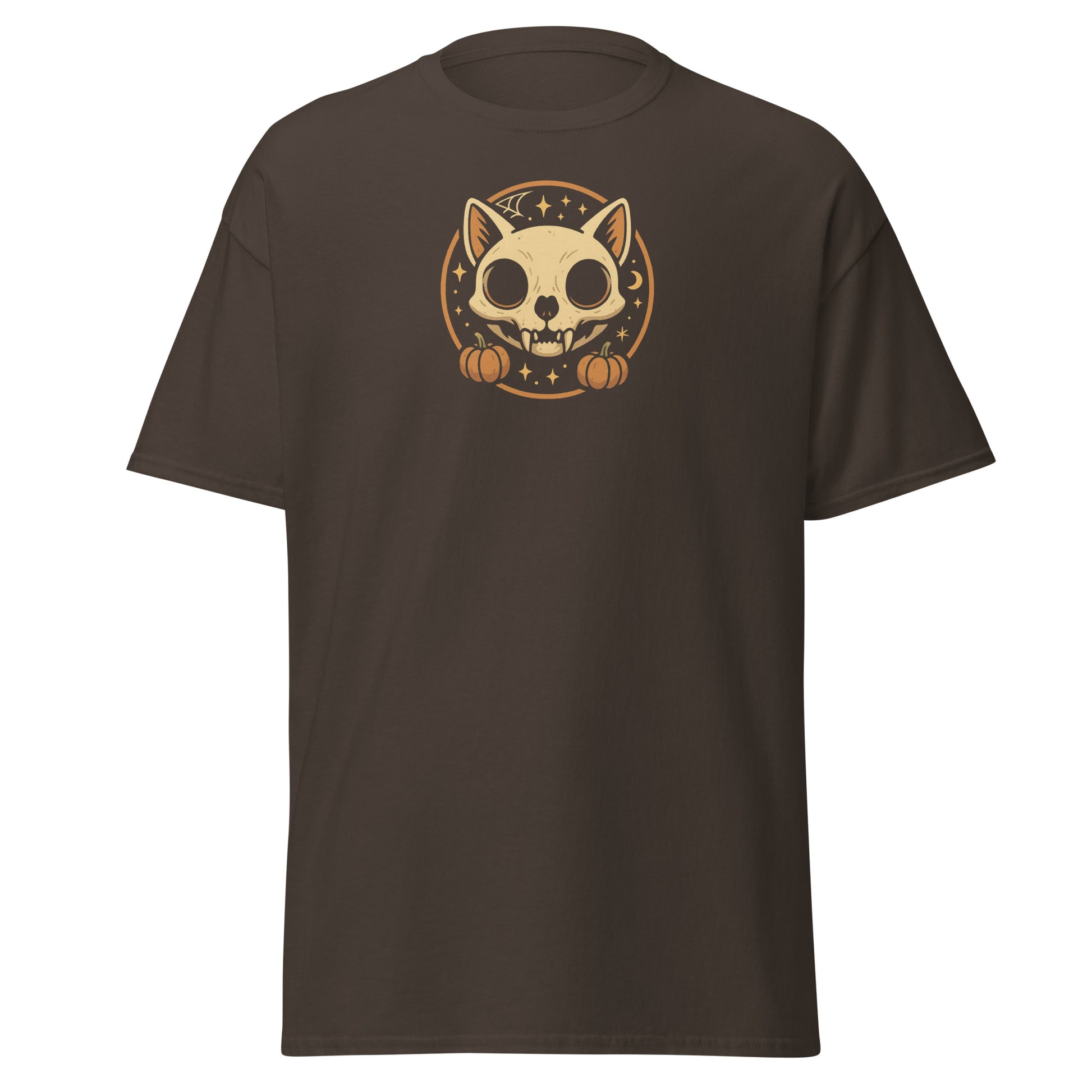 Brown t-shirt with a cat skull graphic on a white background