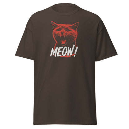 Brown t-shirt with a red cat graphic and 'MEOW!' text on a white background