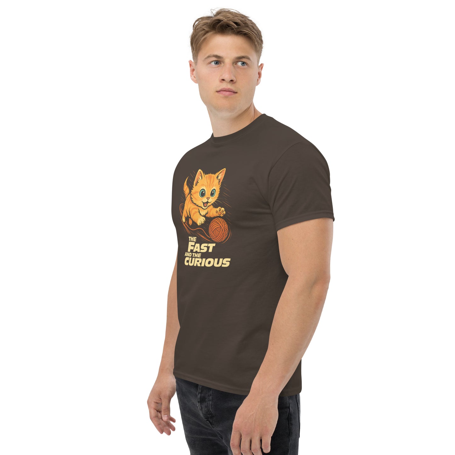 Man wearing a brown t-shirt with a cat graphic and text on a white background